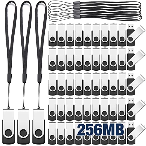 Aoriher 50 Pack USB 2.0 Flash Drives Bulk, Portable USB Thumb Drives with Lanyards, Swivel Flash Drives Thumb Drives for Office School Data Storage(Black,256mb) - size: 256MB