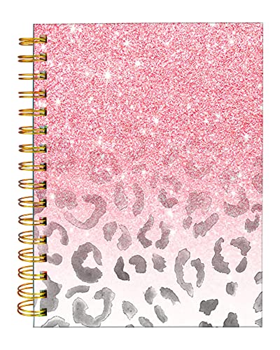 iampanda Spiral Journal Notebook,Strong Twin-Wire Binding with Premium Paper for Girl Women,Modern Girly Design 60 Sheets A5 College Ruled Notebook/Journal,Perfect for School Office Home Gifts,Pink - color: Pink Glitter Leopard