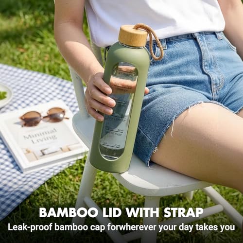 32 OZ Glass Water Bottles, Borosilicate Glass Bottle with Time Marker, 1 Liter Leak Proof Reusable BPA Free Motivational Water Bottles with Silicone Sleeve and Bamboo Lid (Green) - color: Green