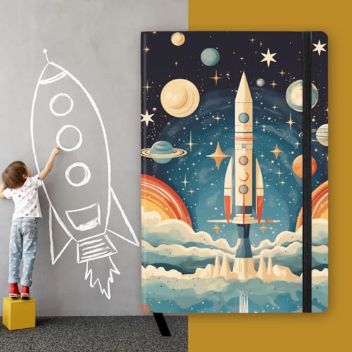 RICCO BELLO Wide Ruled Hardcover Diary Journal, Space Rocket | Bookmark, Band Closure, Storage Pocket, 5.7 x 8.4 Inches, 192 Pages - color: Space Rocket