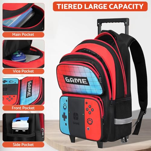 TILYTADLY Boys Rolling Backpack for Kids - Gamer Kids Rolling Backpack with Wheels for Elementary Middle School - Roller School Bookbag,HFHTDC Wheeled Travel Bag for Boys Aged 6-18 - color: red-blue-Backpack only