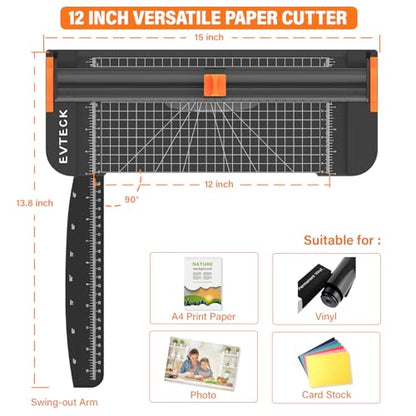 Evteck A4 Paper Cutter Slider Trimmer for Cardstock Photo Vinyl | 12 Inch, with Security Blade and Foldable Ruler, for Crafting Scrapbooking - color: Black