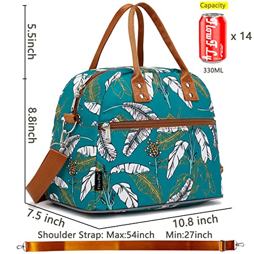 FlowFly Insulated Lunch Bag With Shoulder Strap for Women, Men, and Kids, Large and Reusable, Handle, Freezable Work and School Travel Tote and Meal Prep Organizer, leaves - color: Feather