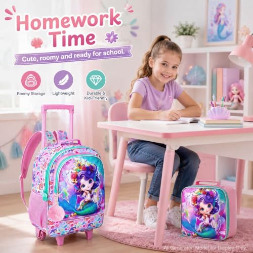 3Pcs Rolling Backpack for Girls, Kids Roller School Backpack with Wheels, Mermaid Wheeled Bookbag for Elementary Preschool Kindergarten(Pink) - color: Mermaid Pink