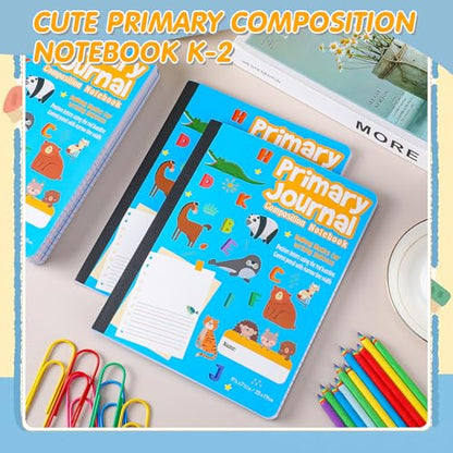 Watersay 3 Pcs Primary Composition Notebook K-2 with Picture Space Primary Journal Grades K-2 Animal Print 50 Sheet (100 Pages) Drawing and Writing Notebook for Preschool, 1st 2nd Grade (Blue Color)