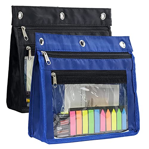 YoeeJob 2 Pack 1 Inch Expandable Zipper Pencil Pouches with Clear Window for 3 Ring Binder, Suitable for School & Office (Black+Blue) - color: Black+Blue