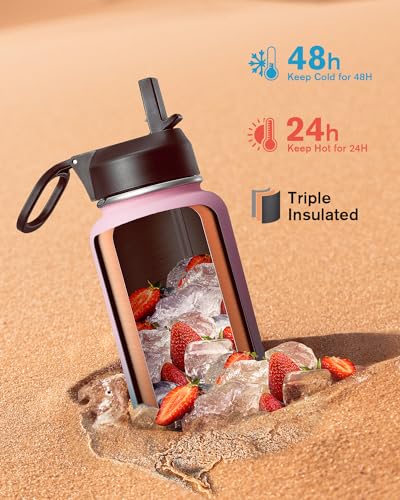 Coolflask 32 oz Water Bottle Insulated with Straw & 3 Leakproof Lids | Water Flask Stainless Steel Triple-Wall Vacuum,Cold 48+h, Dishwasher Safe,Wide Mouth,BPA-Free,Carrier Bag,for Gym,Hiking - color: Bubblegum Princess, size: 32 Ounces