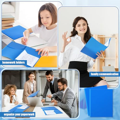 Gueevin 100 Pack Plastic Folder with Pockets, 2 Pocket Folders, Plastic Glossy Folders Fit Letter Size Paper, Heavy Duty Durable File Folder with Business Card for Home Office School (Blue) - color: Blue
