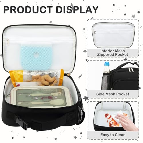 FlowFly Kids Lunch box Insulated Soft Bag Mini Cooler Back to School Thermal Meal Tote Kit for Girls, Boys,Black - color: Black