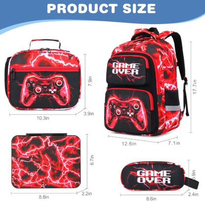 Bevalsa Kids Backpack for Boys with Bento Lunch Box, Insulated Bag & Utensils, 43oz Lunch Containers, Gamer Backpack School Bags for Elementary Middle School Student (Red Lightning) - color: Red Lightning