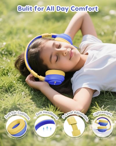 awatrue Kids Headphones, 74/85/94dB Volume Limiter, Foldable Wired Over Ear Headphones for Travel, 3.5mm Jack, Toddler Headphones for School, Chromebook, iPad, Tablet, Blue Yellow - color: Blue Yellow