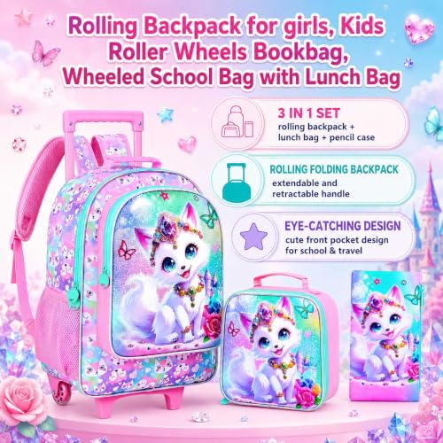 3Pcs Rolling Backpack for Girls, Fox Kids School Backpacks with Wheels, Roller Bookbag with Lunch Box for Elementary Preschool(White) - color: Fox Pink