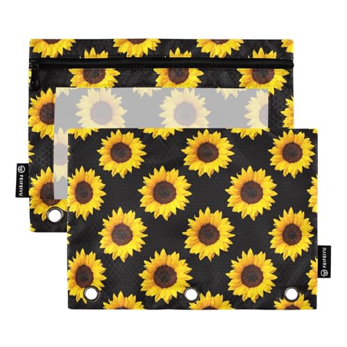 Sunflower Pencil Pouches for 3 Ring Binder, Zipper Binder Pencil Case, 2 Pack Clear Window Case Bag for Office Organizers - color: Sunflower