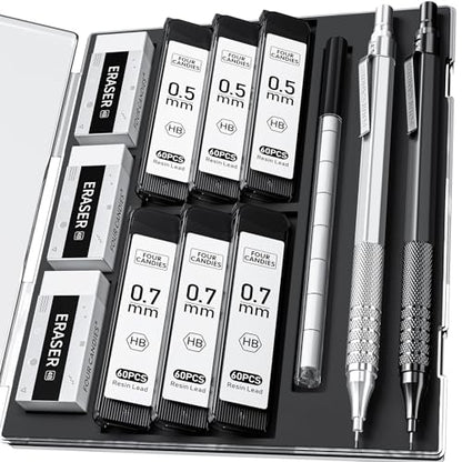 Four Candies 2PCS 0.5mm & 0.7 mm Metal Mechanical Pencils Set, 360PCS Lead Refills, 12 Erasers, Cool Lead Pencil with Case for School Writing, Sketching, Technical Work, Art Projects, Black & Silver - color: Silver+Black (2PCS)