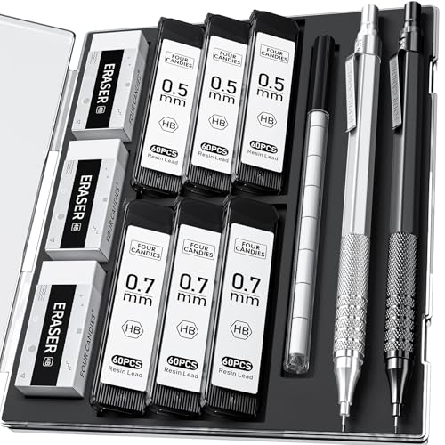 Four Candies 2PCS 0.5mm & 0.7 mm Metal Mechanical Pencils Set, 360PCS Lead Refills, 12 Erasers, Cool Lead Pencil with Case for School Writing, Sketching, Technical Work, Art Projects, Black & Silver - color: Silver+Black (2PCS)