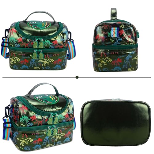 RHCPFOVR Kids Lunch Bag - Double - Decker Cooler Insulated Lunch Box for Boys Girls,Washable Lunch Bag and Reusable Toddler Lunchbox for School and Daycare - color: Dark Green Dinosaur