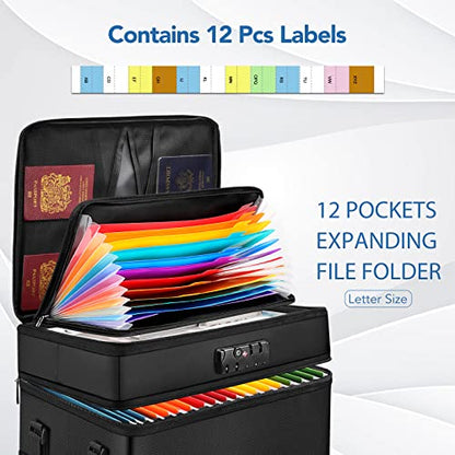 Fireproof Document Box with 13 Pocket Accordian File Folder | Water-Resistant File Organizer Box with Lock, Collapsible File Storage Cabinet for Hanging Letter/Legal Folder, Black