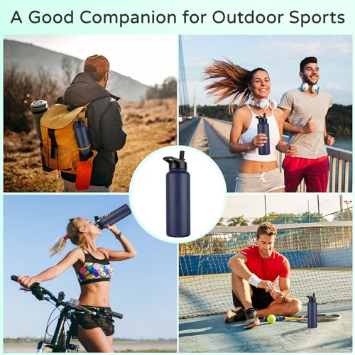 DOMICARE 40 oz Insulated Water Bottle, Vacuum Insulated Stainless Steel Sports Water Bottle with Straw Lid & Spout Lid, Leakproof, Reusable - Travel, Camping, Bike, Navy Blue - color: Navy Blue, size: 40 Ounces