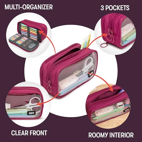 ZIPIT Half & Half Pencil Case for Girls, 3 Compartment Zipper Pouch for School, Stationery Bag for Teen and Adults, Pink - color: Pink