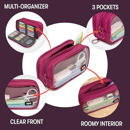 ZIPIT Half & Half Pencil Case for Girls, 3 Compartment Zipper Pouch for School, Stationery Bag for Teen and Adults, Pink - color: Pink
