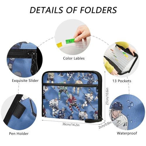 Expanding File Folder Hockey Players Blue Accordion File Organizer 13 Pockets Document Organizer with Zipper Labels A4 Letter Office Storage