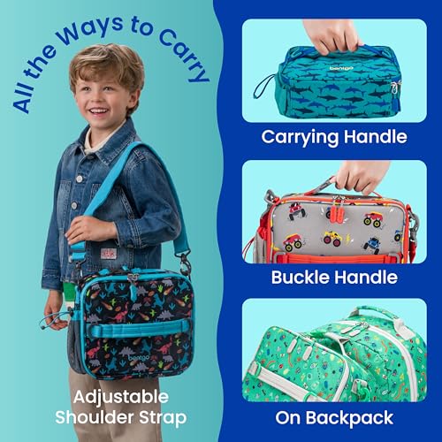Bentgo Kids Lunch Bag - Durable, Double-Insulated Lunch Bag for Kids 3+; Holds Lunch Box, Water Bottle, & Snacks; Easy-Clean Water-Resistant Fabric & Multiple Zippered Pockets (Shark) - color: Sharks