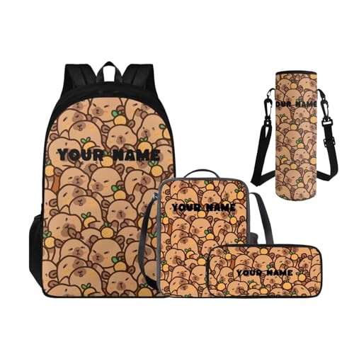 Custom Name Capybara Children's Backpack for Boys Kids Back to School, 3rd Grade Personalized Backpack Lunch Box Pencil Case Water Bottle Holder 4 PCS Set for Extracurricular Activities - color: Orange Capybara--custom
