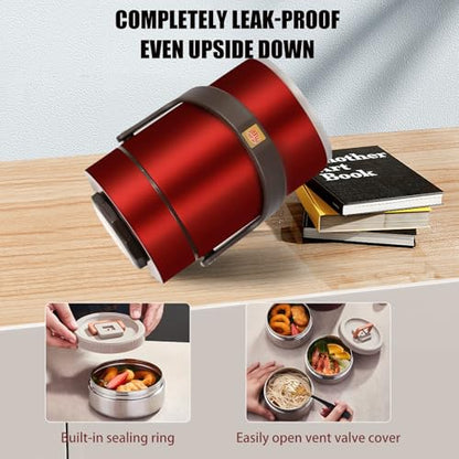 67 oz Adults Stainless Steel Vacuum Insulated Wide Mouth Soup Food Thermo Hot Food Jar with Keep Thermal Portable 3 Tier Stackable Bento Hot Food Containers Lunch Boxes (67 oz Red) - color: 67 oz Red