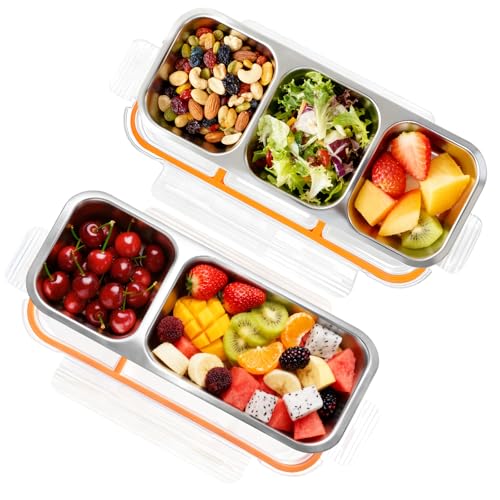 2 Pack New & Improved Stainless Steel Snack Container for Kids & Adults - Leak-Proof Metal Bento Lunch Box - Stackable Lunchable Containers for Daycare, School, Work, & Travel(2+3 Compartments Orange) - color: 2+3 Orange