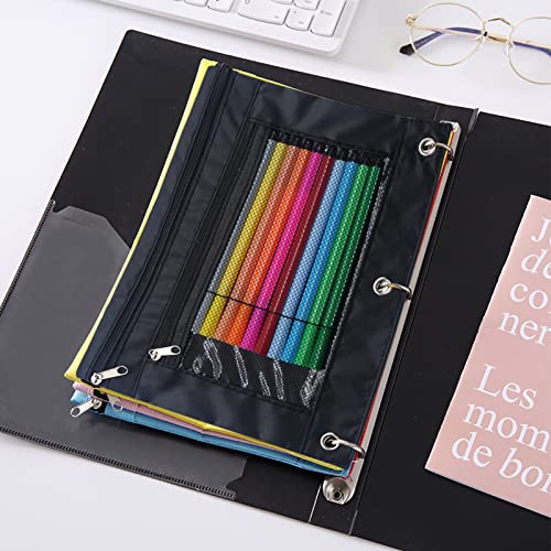 Pencil Pouch 3 Ring Binder Pouch Zippered Pencil Case Canvas Pencil Bag with 2 Compartments (Set of 2, Black and Blue) - color: Black and Blue