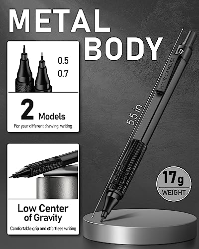 Four Candies 2PCS 0.5mm & 0.7 mm Metal Mechanical Pencils Set, 360PCS Lead Refills, 12 Erasers, Cool Lead Pencil with Case for School Writing, Sketching, Technical Work, Art Projects, Black & Silver - color: Silver+Black (2PCS)