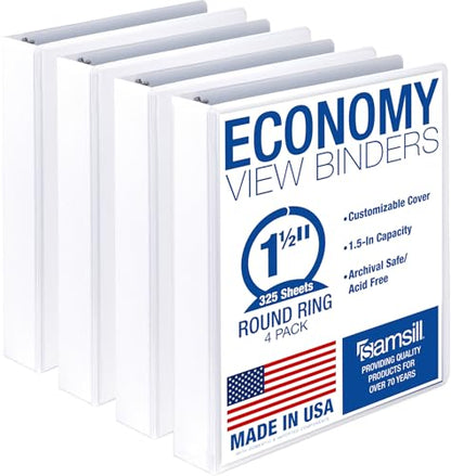 Samsill 1.5 Inch 3 Ring Binders, Economy Round Ring, Clear View Cover, 325 Sheet Capacity - for School, Home, Office - White, 4 Pack - color: White, size: 4-Pack, style: 1.5-Inch