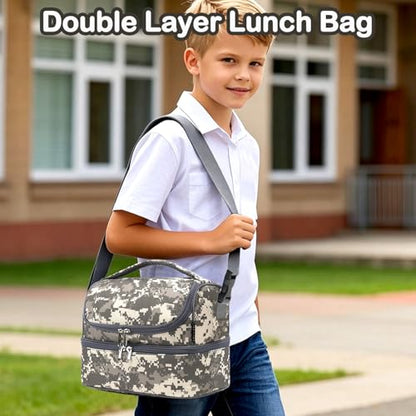 FlowFly Kids Double Decker Cooler Insulated Lunch Bag Large Tote for Boys, Girls, Men, Women, With Adjustable Strap, Digital Camo - color: Digital Camo