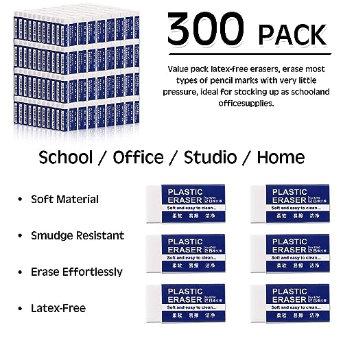 Yeaqee 300 Pcs White Pencil Erasers Bulk Soft Art Erasers School Pencil Erasers for Drawing Kids Student Artist Office Home Writing 1.57 x 0.71 x 0.31 Inch