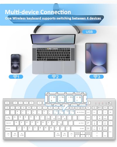 FENIFOX Wireless Keyboard, Bluetooth & 2.4G USB & USB-C Rechargeable Silent Ultra Quiet Low Profile Compact Full Size with Number Pad Soft Multi Device for Mac MacBook Windows PC - White & Silver - color: Silver White