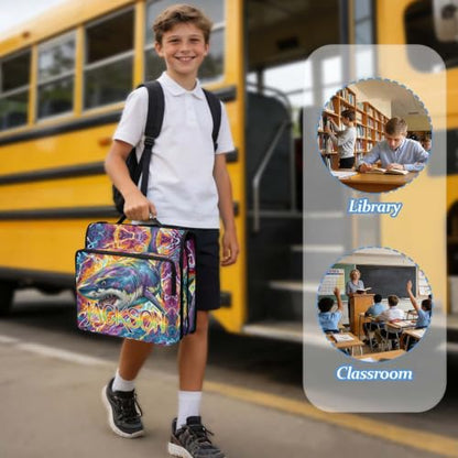 Custom Binder Bag Personalized Fire and Lightnbing Shark 3 Ring Zipper Binder Bag with Laptop Pockets and Shoulder Strap Tote Binders Organizer Case for School Office - color: Custom Shark