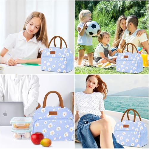 Coobiiya Insulated Lunch bag Women，Reusable Cute Lunch Box for Women | Large Capacity Lunch Tote Cooler Thermal Leakproof for Work Travel Picnic - color: Blue Daisy