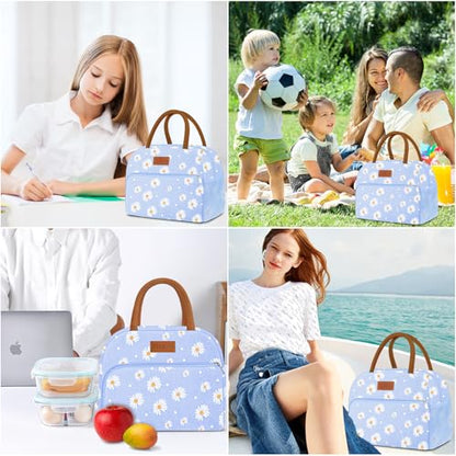 Coobiiya Insulated Lunch bag Women，Reusable Cute Lunch Box for Women | Large Capacity Lunch Tote Cooler Thermal Leakproof for Work Travel Picnic - color: Blue Daisy