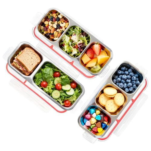 3-Pack Stainless Steel Bento Box - 2+3+3 Compartment Leak-Proof Snack Containers for Kids & Adults, Reusable Lunch Box for Lunchables, Snack Packs (2/3/3 Red) - color: 2+3+3 Compartments Red