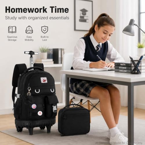 WZLVO 3PCS Rolling Backpack for Girls, 21 inch Water Resistant Roller Backpacks with Wheels, Wheeled Bookbag for Elementary Teens Women - Black - color: Black