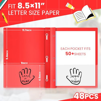 Henoyso 48 Pcs Plastic Folders with Clear Front Pockets and Prongs School to Home File Organizer Plastic Folder for Back to School Parent Teacher Communication Homework Office (Red)