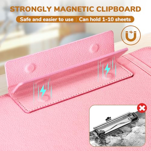 JoyCat 3 Ring Binder Clipboard with Storage,12.4"x10.2"Magnetic Clipboard Folder with 5 Expandable Folders,Refillable Lined Notepad (11" x 8.5"),Ideal for School Office Nursing(Pink) - color: Pink