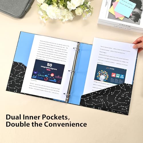 SUIN 1-inch 3-Ring-Binder with Pockets, Decorative 12 Zodiac Star Chain, 1" Stylish Round Ring Binder for Work/Home/Back to School,2-Pack