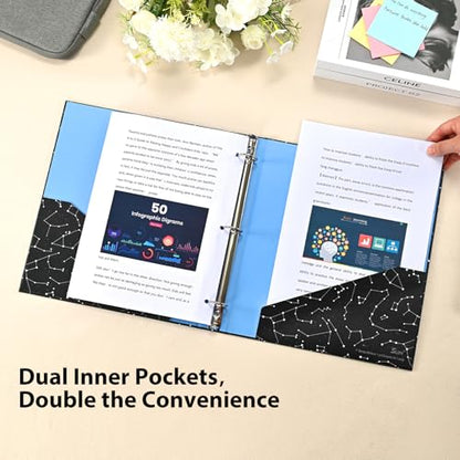 SUIN 1-inch 3-Ring-Binder with Pockets, Decorative 12 Zodiac Star Chain, 1" Stylish Round Ring Binder for Work/Home/Back to School,2-Pack
