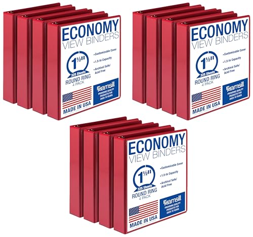 Samsill 1.5 Inch 3 Ring Binders,Made in USA,Economy Round Ring,Clear View Cover,325 Sheet Capacity - for School,Home,Office - Red,(Pack of 12) - color: Red, size: 12-Pack, style: 1.5-Inch