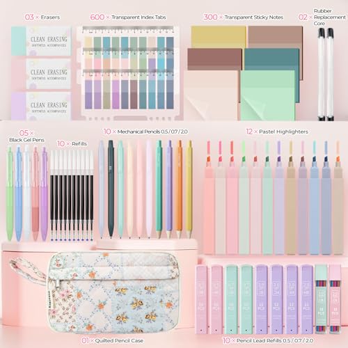 WOBAGMEN 62PCS Aesthetic School Supplies with Quilted Pencil Case, Pastel Highlighters, Gel Pens Mechanical Pencils Set, Cute Back to School Supplies, College Essentials(Coloful Patchwork, M) - color: Coloful Patchwork