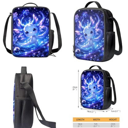 Blue Axolotl School Backpack Set of 3 with Lunch Box Pencil Case Large Capacity Bookbag with Compartments Portable Lunch Bag Gift for Girls Boys - color: Blue Axolotl-b