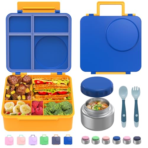 Bento Box for Kids - Leak-Proof Bento Lunch Box with Insulated Thermo Food Jar - 4 Compartments, 1 Removable Divider, 1 Spoon, 1 Fork - Dishwasher Safe, BPA-Free (Blue) - color: Blue