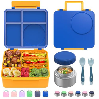 Bento Box for Kids - Leak-Proof Bento Lunch Box with Insulated Thermo Food Jar - 4 Compartments, 1 Removable Divider, 1 Spoon, 1 Fork - Dishwasher Safe, BPA-Free (Blue) - color: Blue