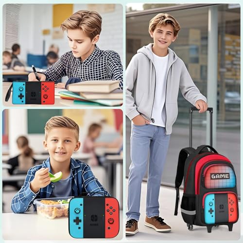 Kids Rolling Backpack for Boys - 3PCS Gamer Boys Rolling Backpack with Lunch Bag Set,Multifunctional Wheeled Bookbag for Travel,Roller School Bag for Elementary Middle School Aged 6-18